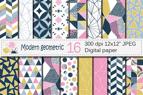 Seamless Modern Geometric Digital Paper Patterns Pink Blue Gold By