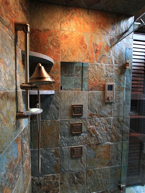 A rustic meets vintage bathroom a rustic meets modern bathroom of wood and tiles, with shelves on each side and a large metal sink (studio architects). Rustic Bath Tile Bathroom Design Ideas, Pictures, Remodel ...