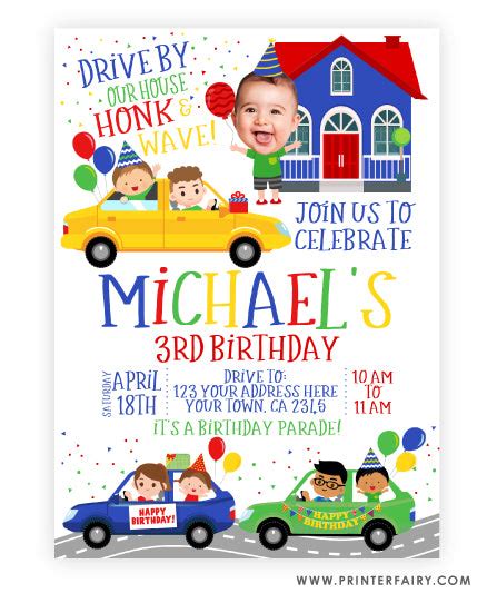 Drive Thru Birthday Parade Invitation With Photo Printerfairy