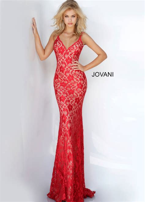 Jovani Red Lace Embellished Fitted V Neckline Dress