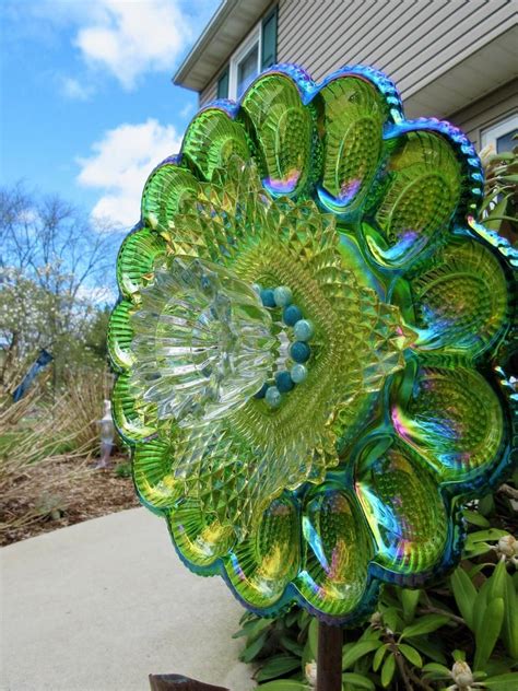 Glass Plate Flower Yard Art Outdoor Decor Upcycled Etsy Glass Plate Flowers Yard Art