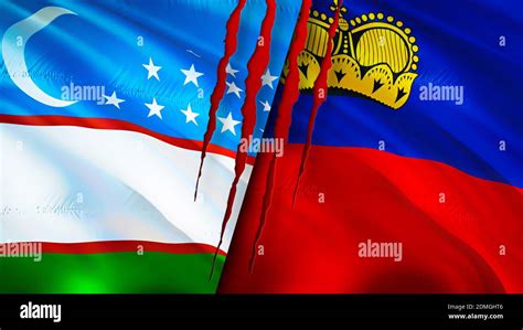 Uzbekistan And Liechtenstein Flags With Scar Concept Waving Flag 3d Rendering Uzbekistan And