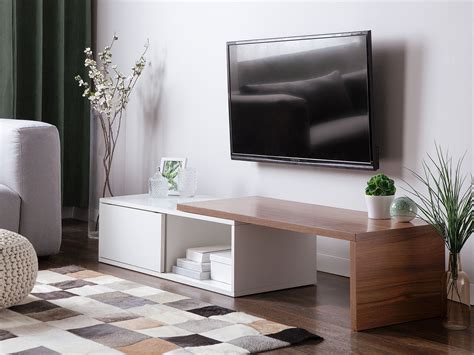 tv möbel weiß dunkler holzfarbton 110 159 x 40 x 32 cm yonkers beliani de
