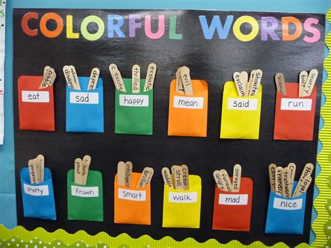A Bulletin Board With Colorful Words And Clothes Pins Attached To The