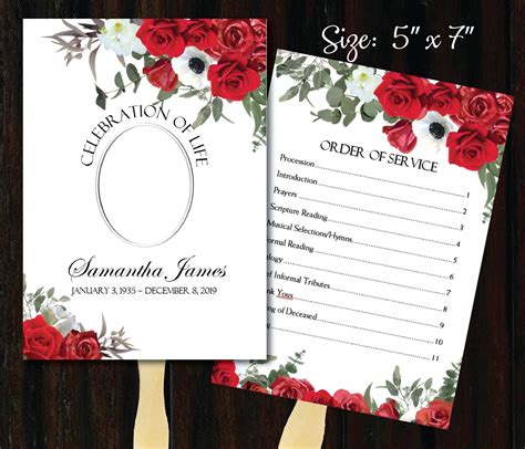 Printable Funeral Fan Template Red Roses Funeral Fan Program Memorial