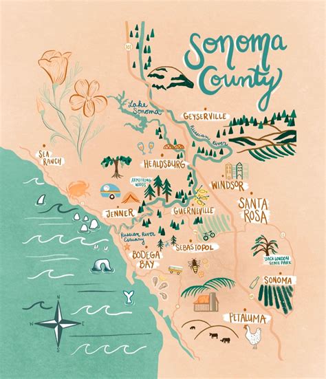 Sonoma County California Poster California Map Illustrated Map Etsy