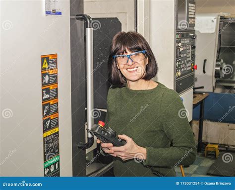 Cute Woman Cnc Machine Operator At Work Stock Photo Image Of Female