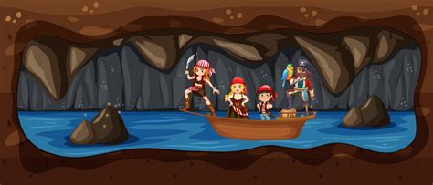 Pirate On The Boat In Underground Cave River 359732 Vector Art At Vecteezy
