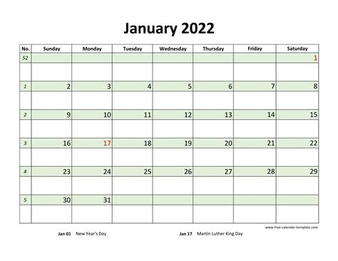 Free January 2022 Calendar Coloring On Each Day Horizontal Free