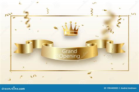 Grand Opening Banner With Curly Gold Ribbon Golden Frame Stock