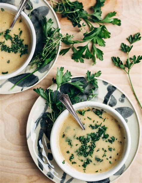 Roasted Garlic Soup With Potatoes Shallots And Fresh Herbs