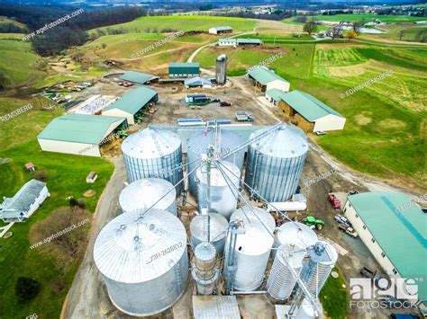 Aerial View Of Multiple Silos On A Farm In Harford County Maryland