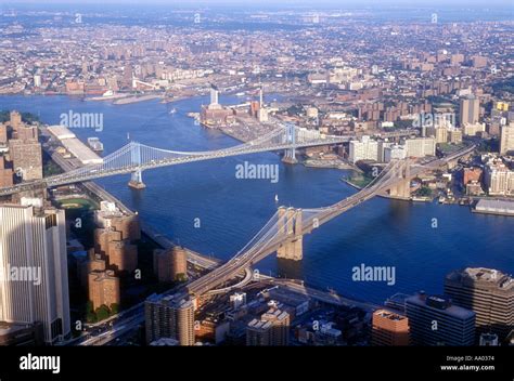 Aerial View Of The East River And Brooklyn Bridge In New York City