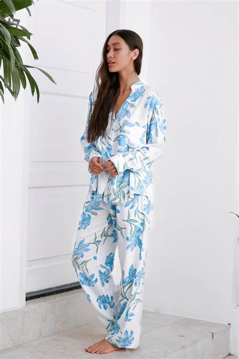 Maggie Long Pajama Set Lillies Cornflower Blue Code P043 Etsy