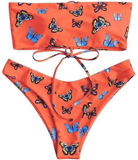 Zaful Bandeau Bikini Swimwear Butterfly Print Lace Up Swimsuit