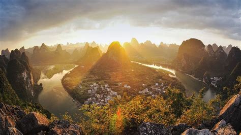 Mountains Landscape Field Mist Sun Rays Forest China Nature
