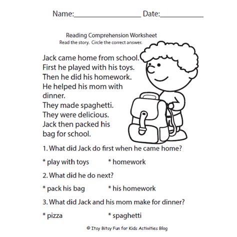 Free Reading Comprehension Worksheets For Back To School Kindergarten