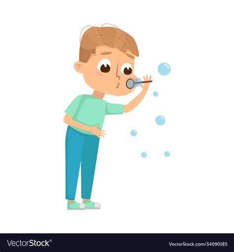 Cute Boy Blowing Soap Bubbles Through Wand Vector Image