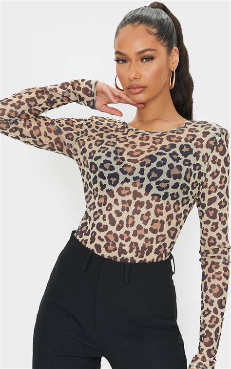 Tan Leopard Print Mesh Shoulder Pad Bodysuit Prettylittlething