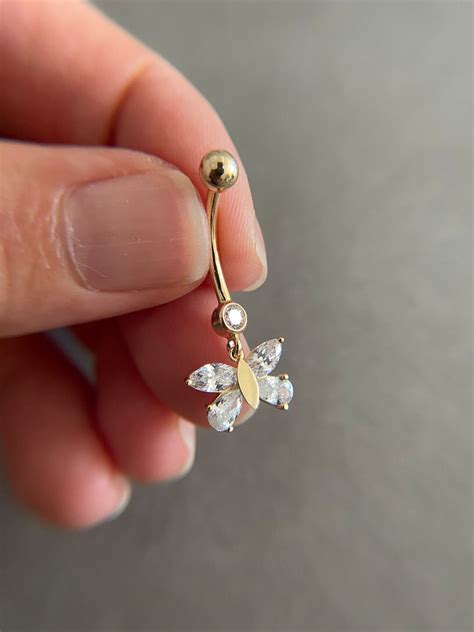 K Solid Gold Cz Butterfly Belly Button Rings Navel Etsy