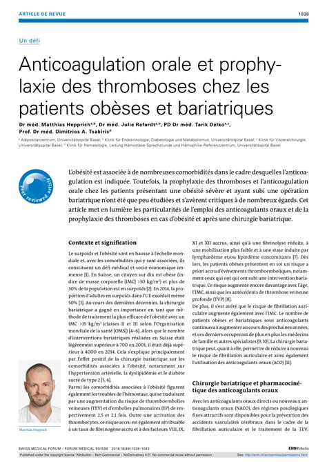 PDF Anticoagulation orale et prophylaxie des thromboses chez les patients obèses et bariatriques