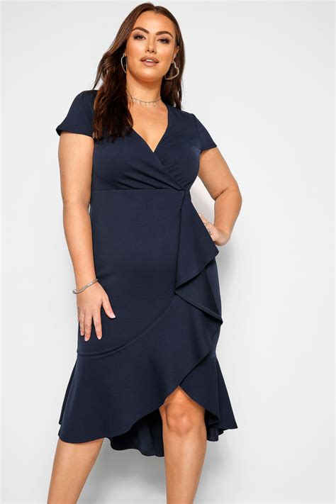 Yours London Navy Wrap Ruffle Dress Yours Clothing