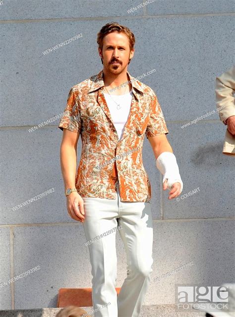 Ryan Gosling Wears A Cast While Filming The Nice Guys With Co Star Russell Crowe In Downtown