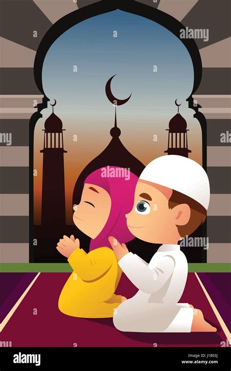 A Vector Illustration Of Muslim Children Praying In Mosque Stock Vector