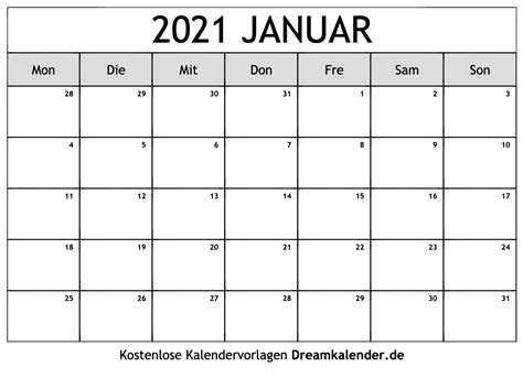 Kalender für das jahr 2021 n deutscher sprache. Kalender Januar 2021