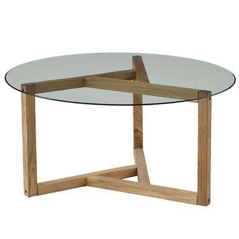 Modern Design Round Glass Coffee Table Living Room Table Tempered Glass Top And Wood Base Cocktail