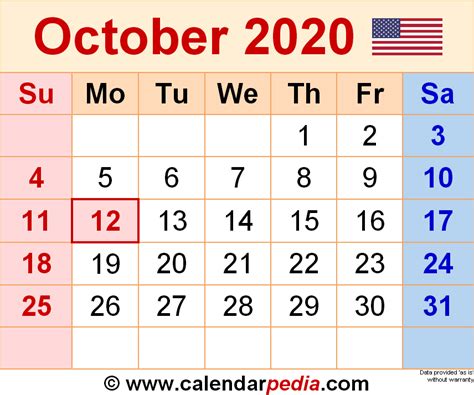 October 2020 Calendar Templates For Word Excel And Pdf