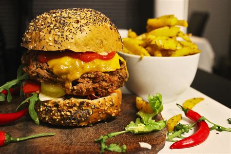 Homemade Spicy Cheeseburger With Baked Fries R Food