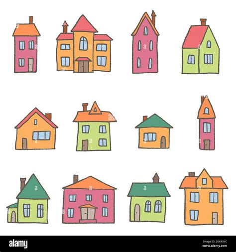 Town Homes Vector Collection Cute Cartoon Doodle Style Home Set Stock