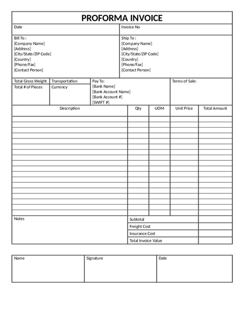 Template Of Proforma Invoice