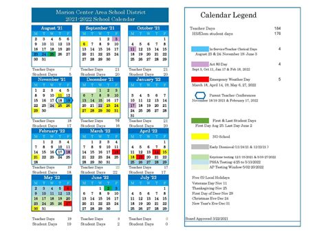 2021 2022 School Calendar About Us Marion Center Area School District