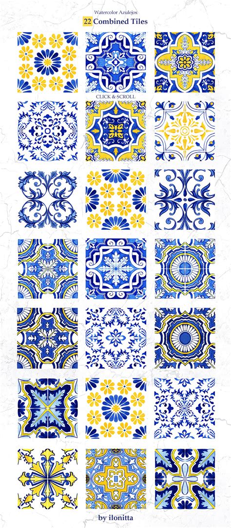Portuguese Tiles Clipart Azulejo Watercolor Png Seamless Etsy