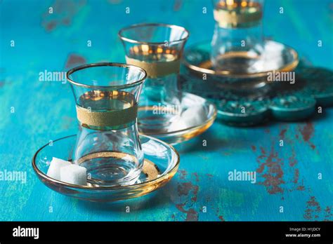 Empty Tulip Shaped Glass On Blue Rustic Table Turkish Tea Stock Photo