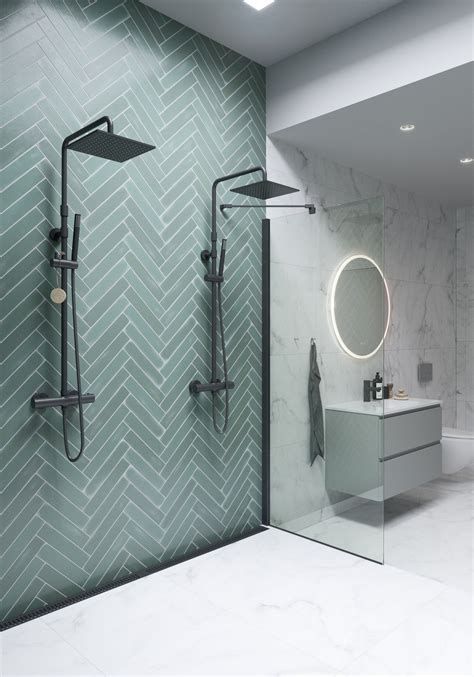 Double Shower Green Herringbone Tile Pattern Bathroom Interior Design Bathroom Remodel Shower