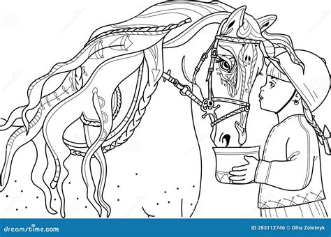 Girl and a Horse - Printable Coloring Page Stock Illustration