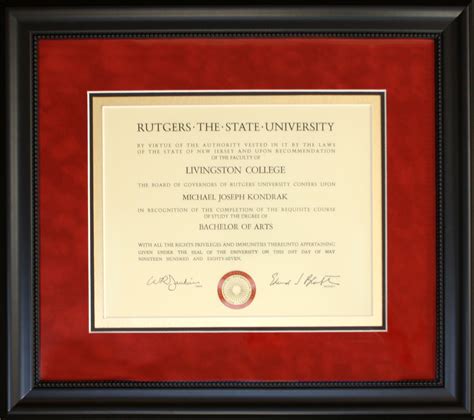 Classic Scarlett Red Rutgers University College Diploma framed in dark