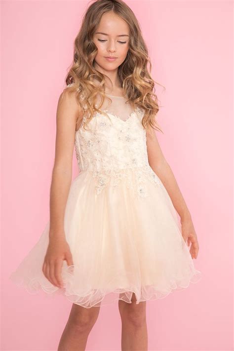 Tween Girls Short Blue Dress With Lace Illusion Bodice Blue Dress