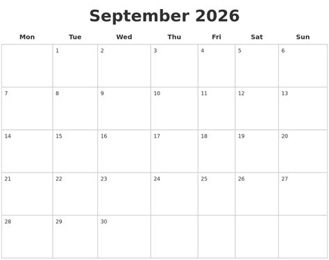 September 2026 Blank Calendar Pages