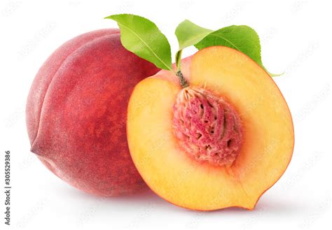 Isolated Peach Fruits One Whole Fresh Peach And A Half With Kernel And
