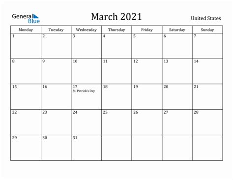 March 2021 United States Monthly Calendar With Holidays