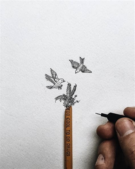 Tiny Ink Drawings Scaled to the Size of Pencils, Fingers, and