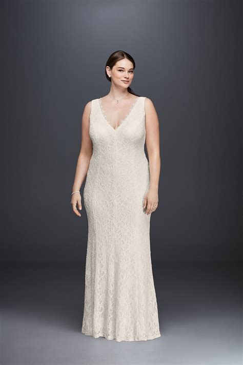 Plus size wedding dresses can be difficult to find, but have no fear! Allover Lace V-Neck Plus Size Sheath Wedding Dress | David ...