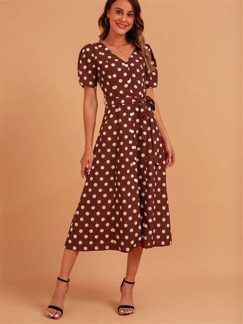 Brown Sweet V Neck Polka Dots Dresses Clothing Roselinlin Summer