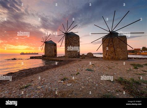 Sunrise Image Of The Iconic Windmills In Chios Town Stock Photo Alamy