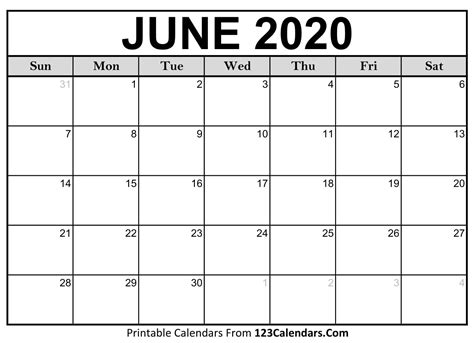 Blank monthly, weekly and daily calendar pages. June 2020 Printable Calendar | 123Calendars.com