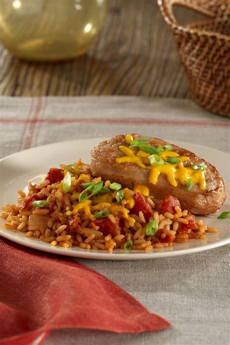 2 cups skinned, boned, chopped deli rotisserie chicken. Chili Pork Chops with Rice and Cheese | Recipe | Pork ...